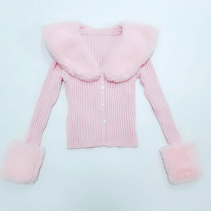 Pink Faux Fur Collar Long Sleeve Shirt