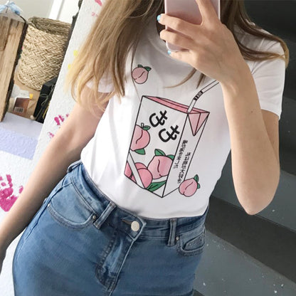 Cute Pink Peach Juice Drink Pastel Short Sleeve Shirt T-shirt Tee Top Kawaii Korean Japanese Harajuku Chinese Retro Streetwear Aesthetic Fashion