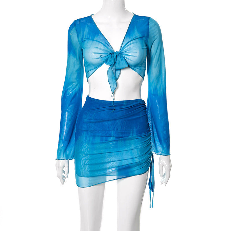2PCS Tie Dye V Neck Mesh Top + Mini Skirt