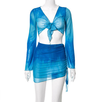 2PCS Tie Dye V Neck Mesh Top + Mini Skirt