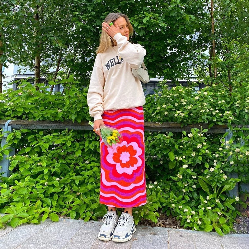 Cute Vintage Red Flower High Waist Print Beach Long Skirt Wrap Sexy Aesthetic Casual Summer E-Girl Kawaii Korean Japanese Harajuku