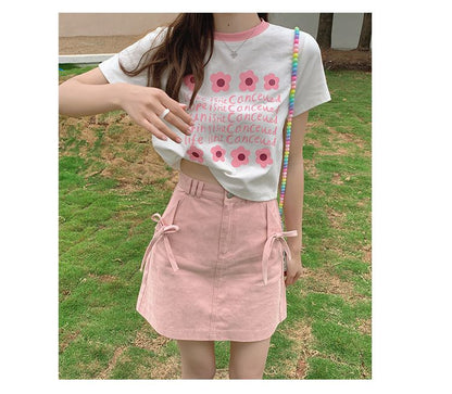 Pink Bow Denim Mini Skirt