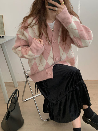 Pink Argyle V Neck Sweater