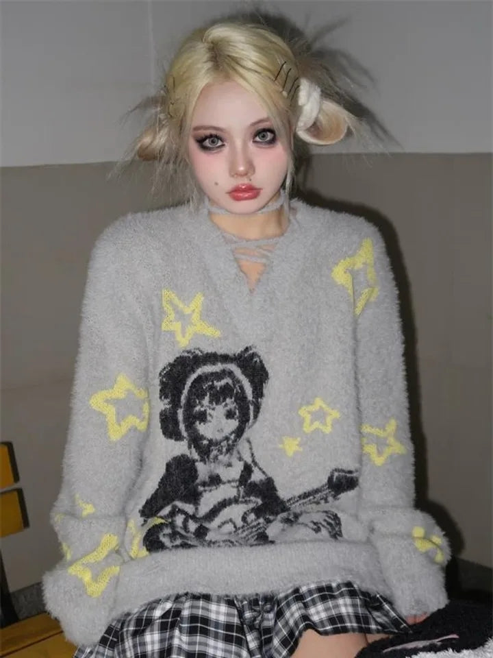 Grey Anime Girl Oversized Sweater