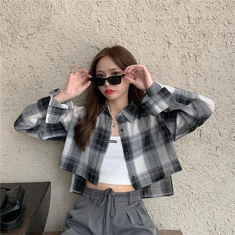 Plaid Long Sleeve Crop Top