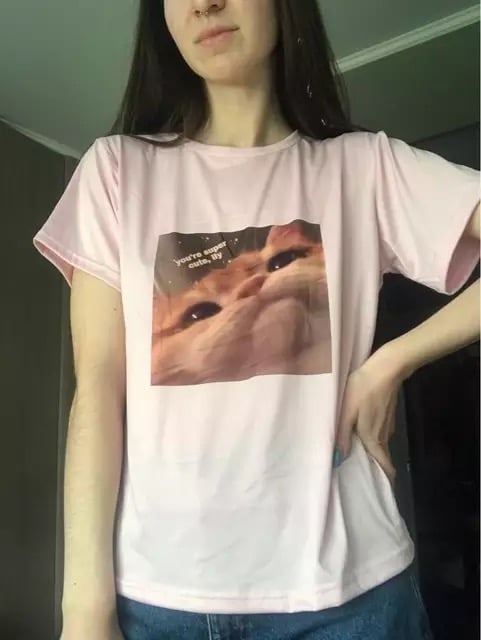 Cute Pink Funny Cat Kitten Meme Cartoon Print Loose Short Sleeve Short T-shirt Tee Top Summer Casual E-Girl Kawaii Korean Japanese Harajuku Streetwear