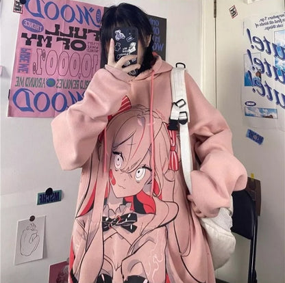 Cute Pink Anime Girl Cartoon Graphic Print Oversized Fleece Hoodie Sweatshirt Aesthetic Casual E-Girl Kawaii Korean Japanese Harajuku
