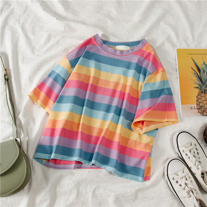 Cute Causal Pastel Rainbow Colorful Stripe Loose Round Neck Short Sleeve Tee Shirt T-shirt Top E-Girl Kawaii Korean Japanese Harajuku Retro Streetwear