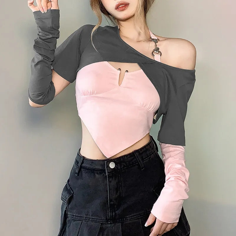 2PCS Sweet Pink Irregular Wrap Off Shoulder Short Sleeve Shirt