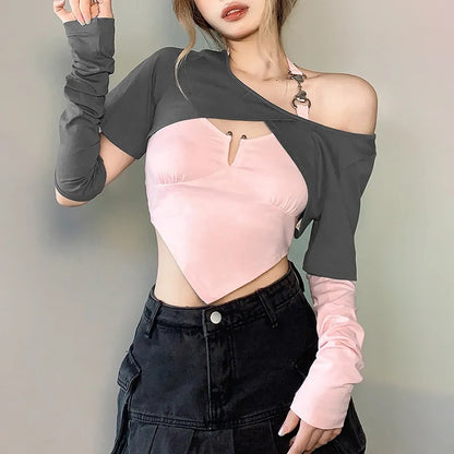 2PCS Sweet Pink Irregular Wrap Off Shoulder Short Sleeve Shirt