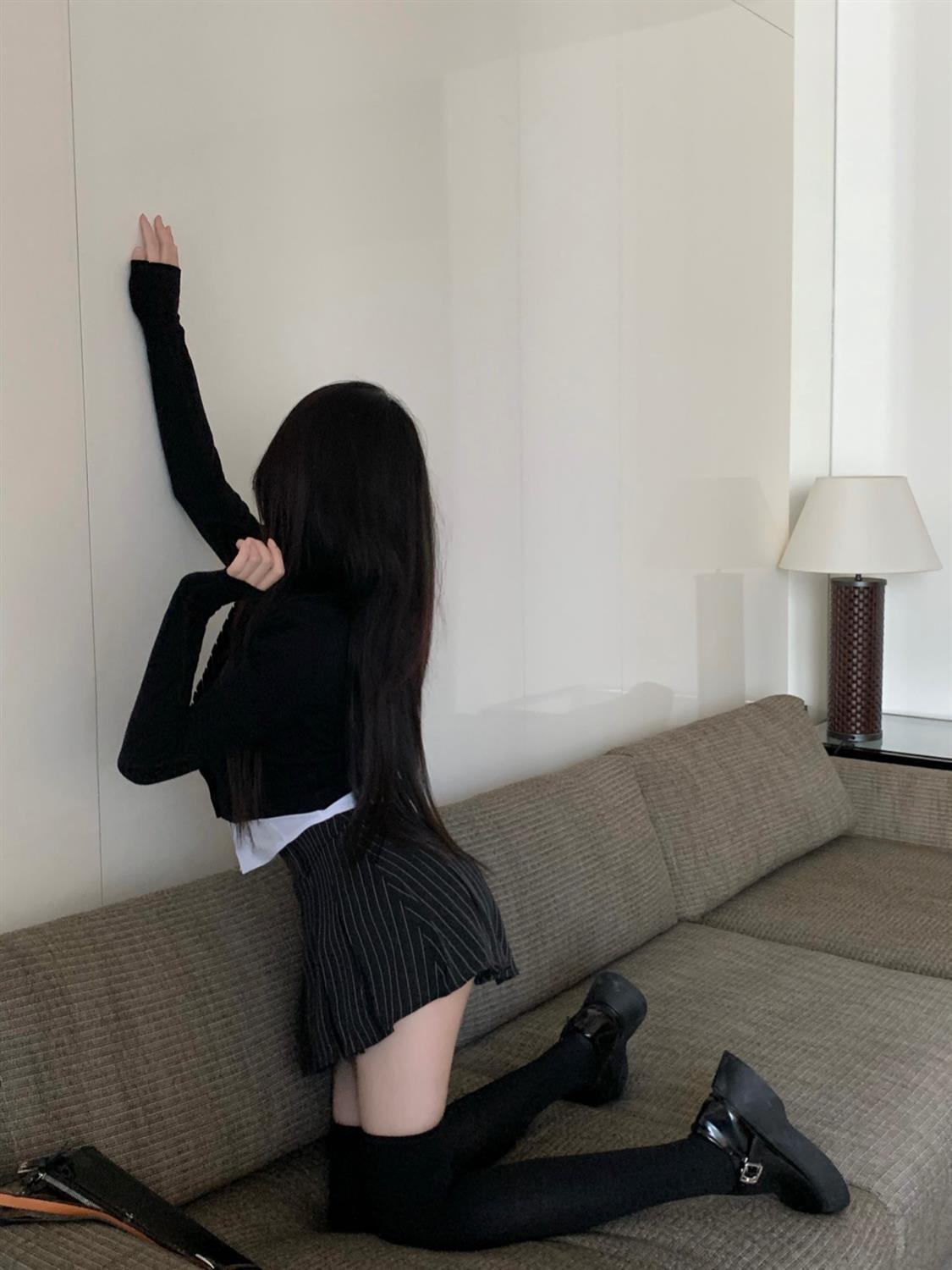 Black Stripe Pleated Mini Skirt