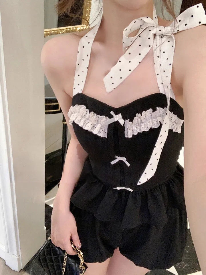 2PCS Vintage Polka Dot Bow Halter Top + Shorts