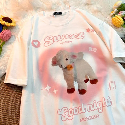 Sweet Lamb Print Short Sleeve T-shirt