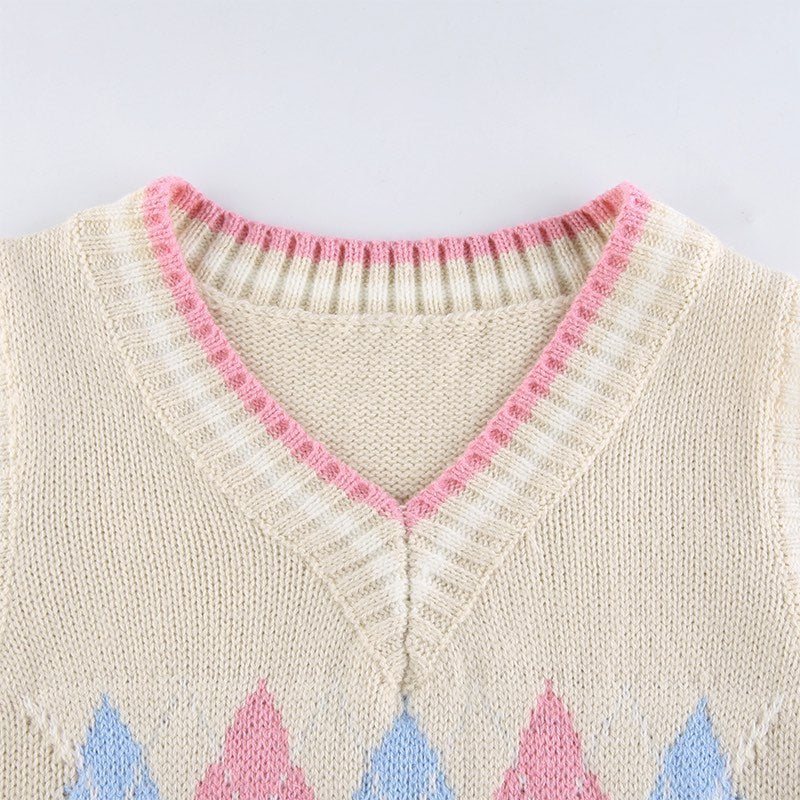 Cute Argyle Plaid Sleeveless V Neck Knit Sweater Sweatshirt Preppy Crop Top Pullover Aesthetic E-Girl Kawaii Korean Japanese Harajuku Streetwear