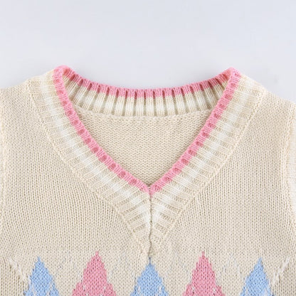 Cute Argyle Plaid Sleeveless V Neck Knit Sweater Sweatshirt Preppy Crop Top Pullover Aesthetic E-Girl Kawaii Korean Japanese Harajuku Streetwear