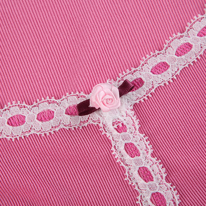 Pink Frill Lace Long Sleeve Crop Top