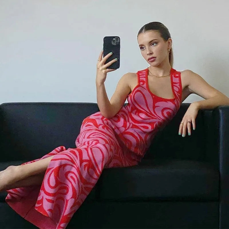 Pink & Red Pattern Criss Cross Split Hem Dress