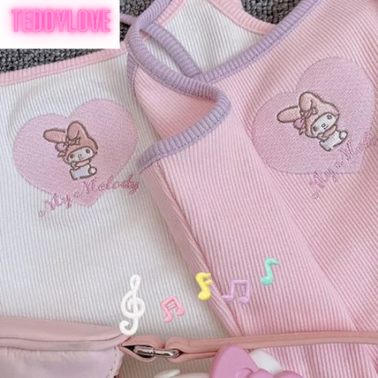 Cute Japanese Anime Love Heart Embroidery Cartoon Tank Top