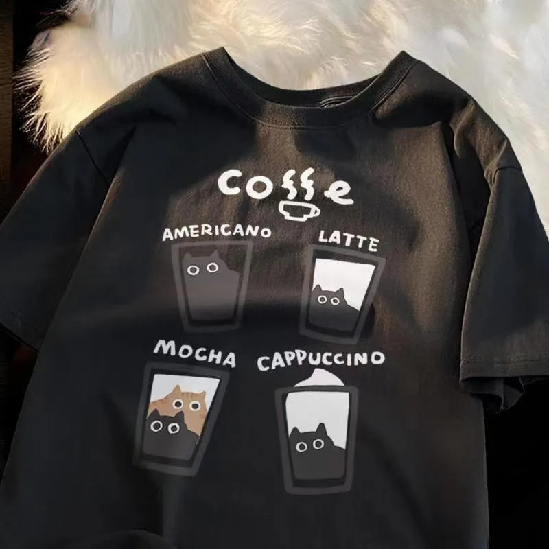 Cat Coffee Print Short Sleeve T-shirt