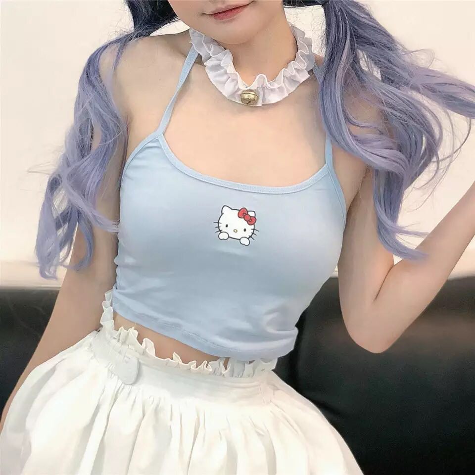 Cute Vintage Cat Kitten Cartoon Print Aesthetic Sleeveless Shirt Crop Top Tank Camisole Casual E-Girl Kawaii Korean Japanese Harajuku Streetwear