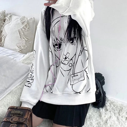Cute Black Goth Anime Hoodie Grunge Loose Long Sleeve Shirt Aesthetic Casual E-Girl Kawaii Korean Japanese Harajuku