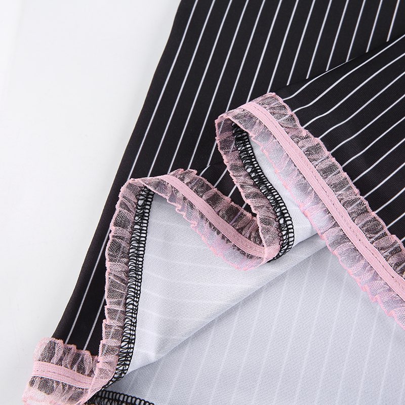 Cute Sexy 90s Black Pink Lace Trim Striped V Neck Mini Dress Dark Academia Aesthetic Goth E-Girl Kawaii Korean Japanese Harajuku Streetwear