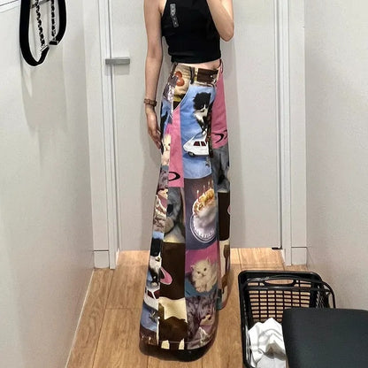 Cat Contrast Patchwork Wide Leg Trousers
