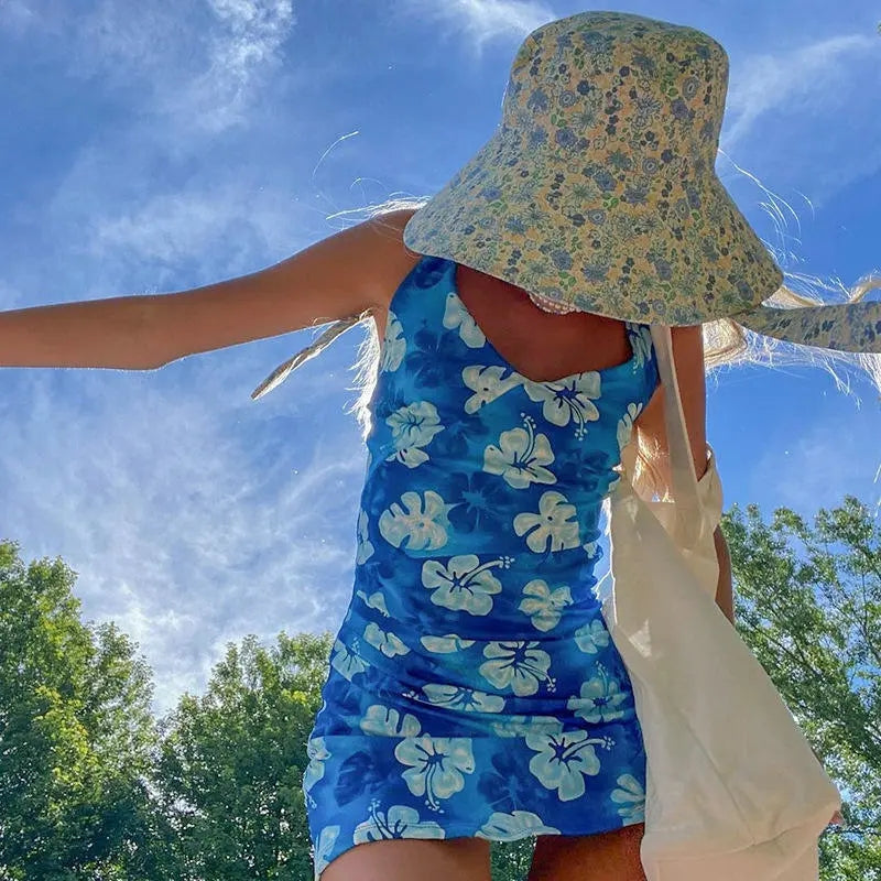 Blue Hibiscus Print Mini Dress