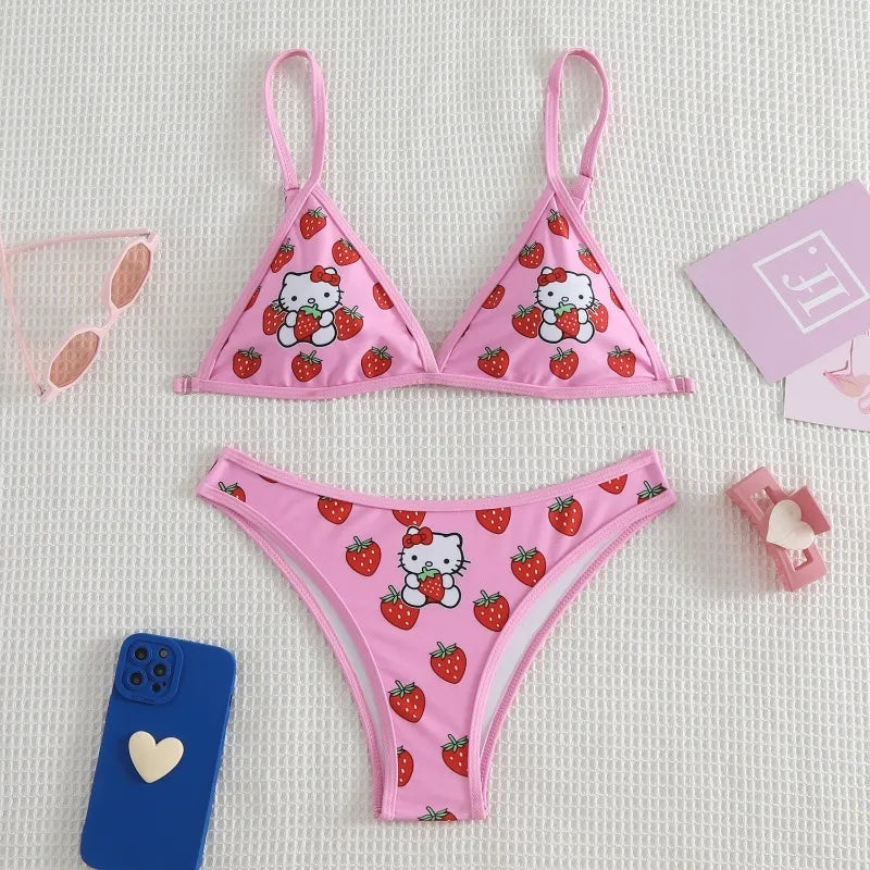 2PCS Pink Strawberry Japanese Cat Bikini Set