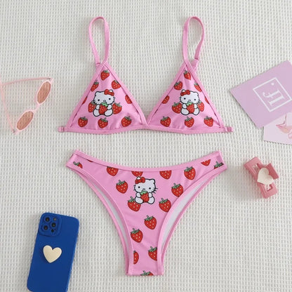 2PCS Pink Strawberry Japanese Cat Bikini Set