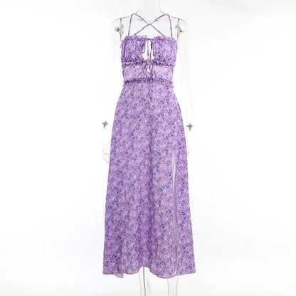 Purple Floral Ruched Satin Slip Maxi Dress