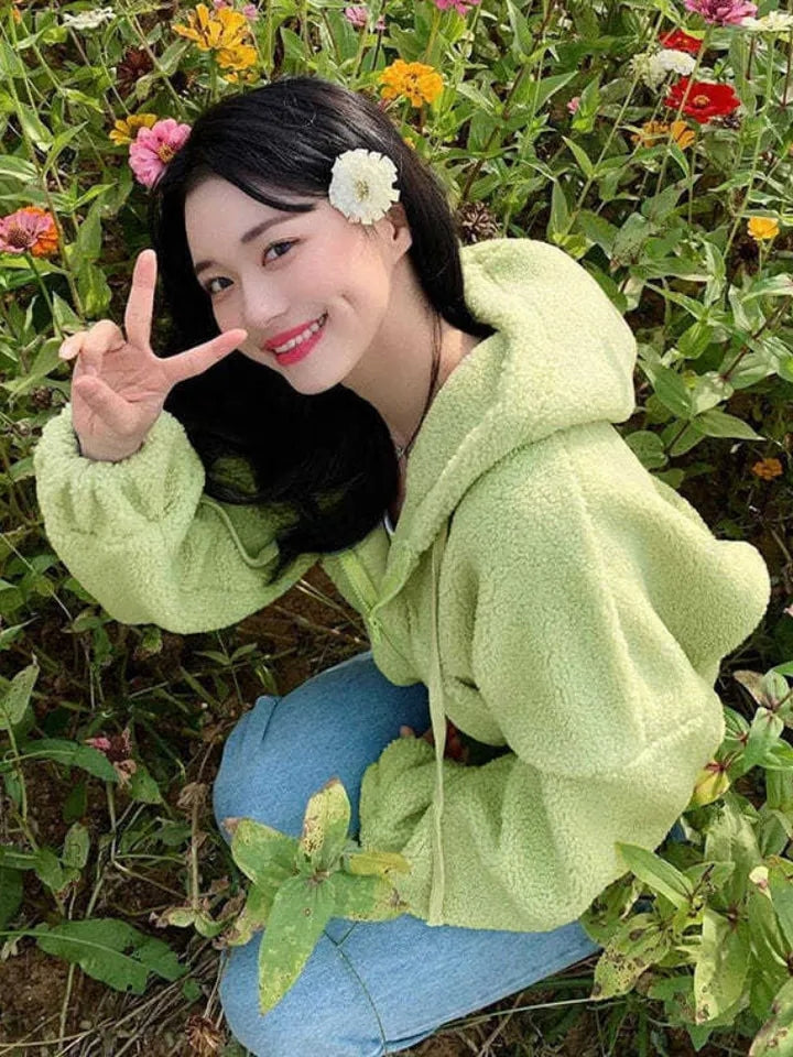 Soft Faux Lamb Wool Loose Long Sleeve Hoodie