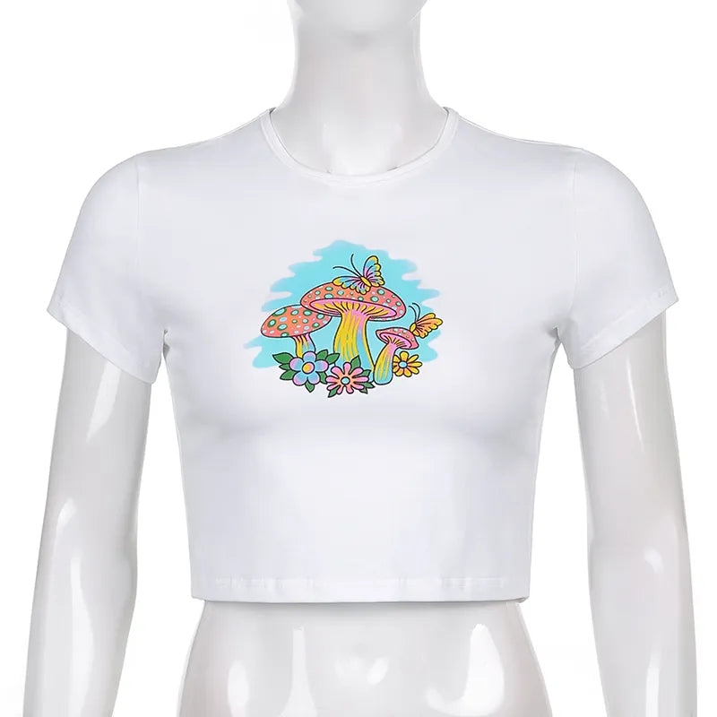 Mushroom Print Cropped Short Sleeve T-shirt