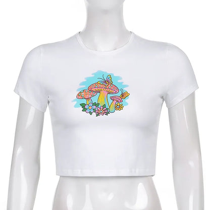 Mushroom Print Cropped Short Sleeve T-shirt
