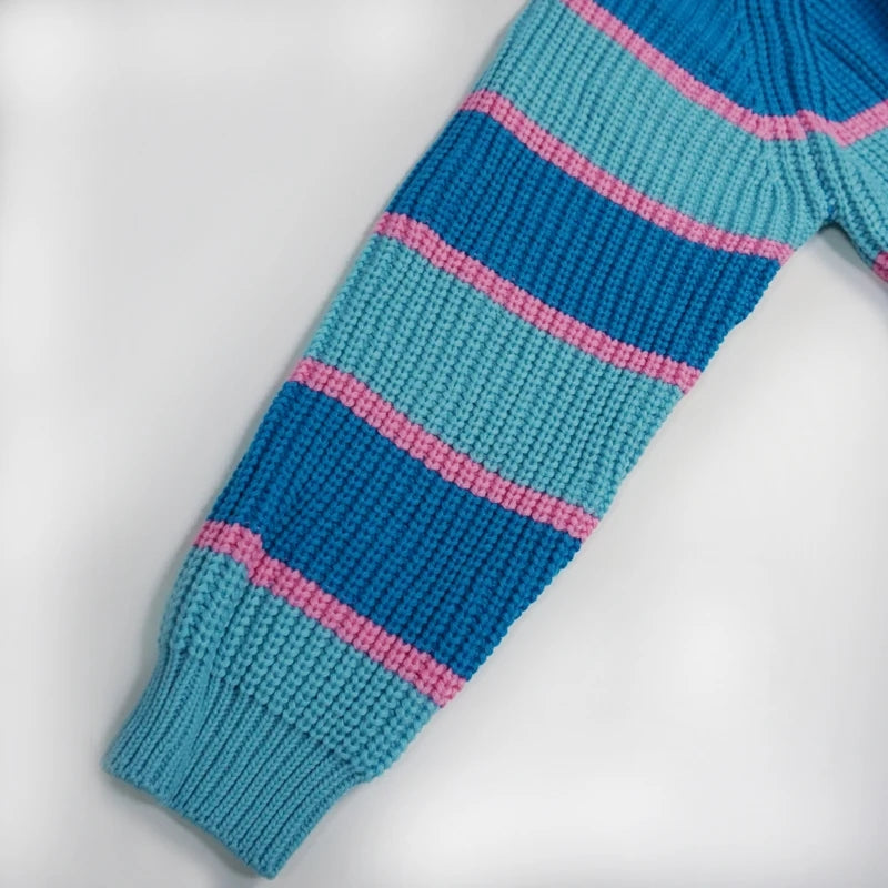Blue Patchwork Turtleneck Sweater
