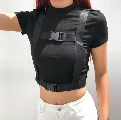 Cute Black Buckle Hollow Out Turtleneck Crop Top Long Sleeve Shirt Punk Goth Summer Aesthetic Casual E-Girl Kawaii Korean Japanese Harajuku