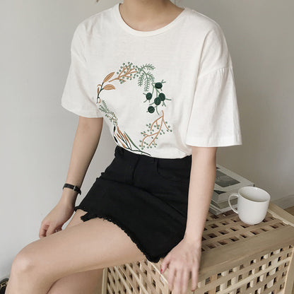 Cute Flower Plant Print Embroidery Shirt T-shirt Tee Top Kawaii Korean Japanese Harajuku Chinese Retro Streetwear Aesthetic Fashion