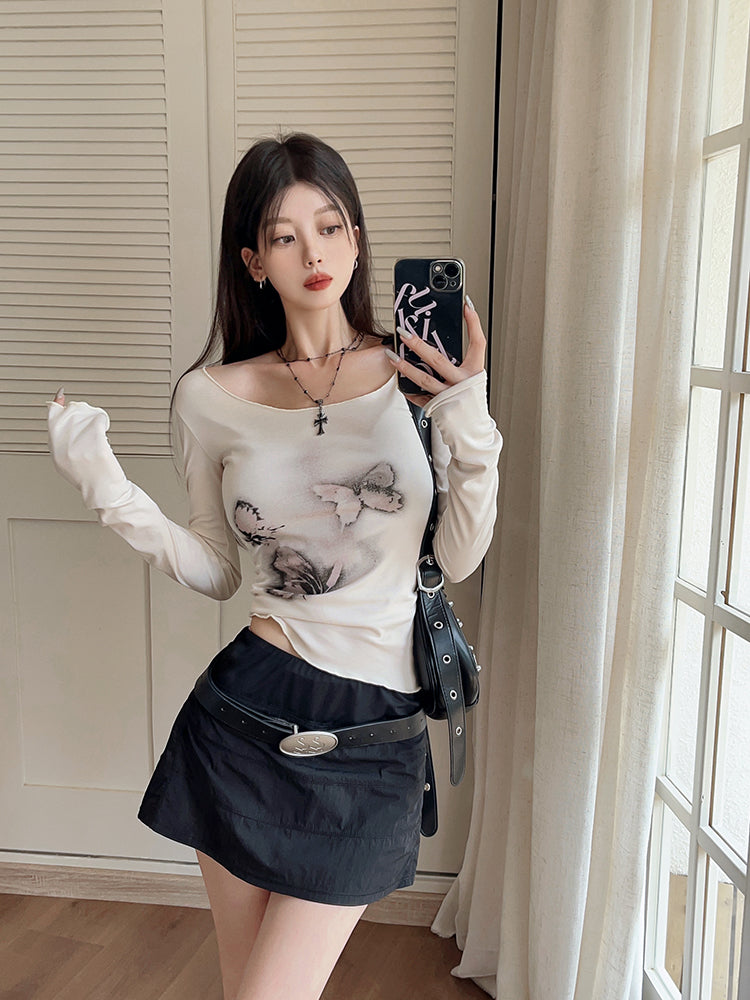 Butterfly Print Off Shoulder Long Sleeve Shirt