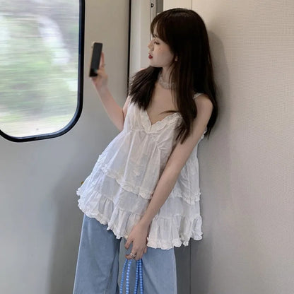 White Ruffle Spaghetti Strap Tank Top