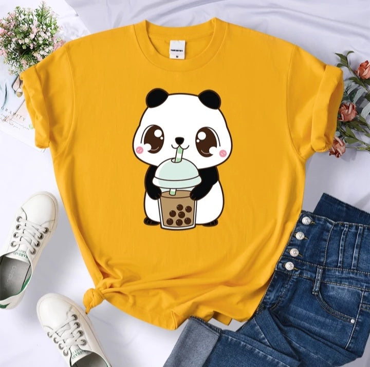 Cute Panda Bear Boba Bubble Milk Tea Graphic Cartoon Print Loose Short Sleeve T-shirt Aesthetic Casual Summer E-Girl Kawaii Korean Japanese Harajuku