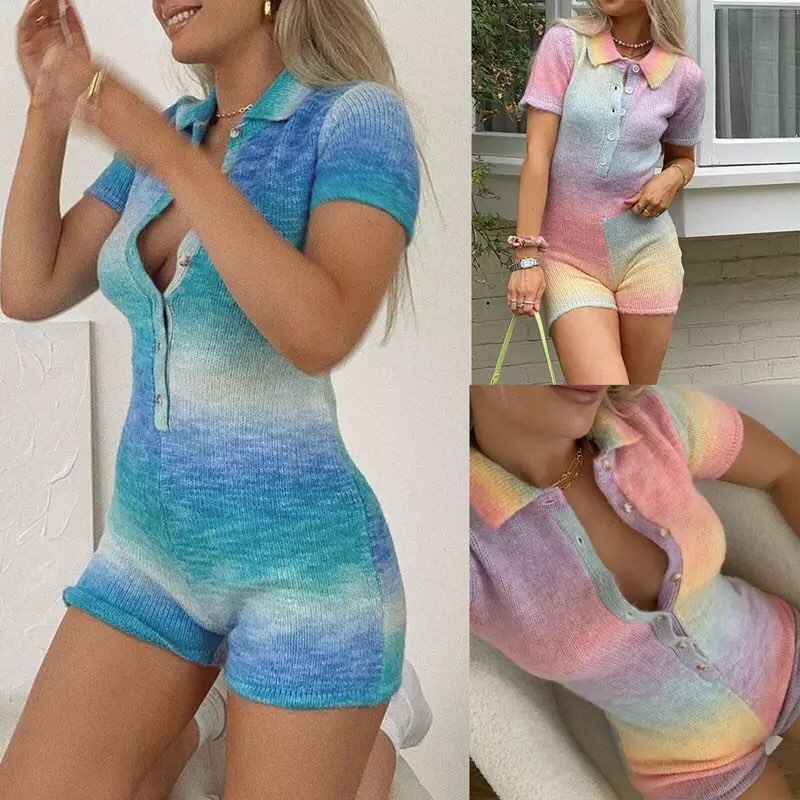 Pastel Rainbow Tie Dye Knit Short Sleeve Playsuit Romper Overall Summer Aesthetic Casual E-Girl Kawaii Korean Japanese Harajuku