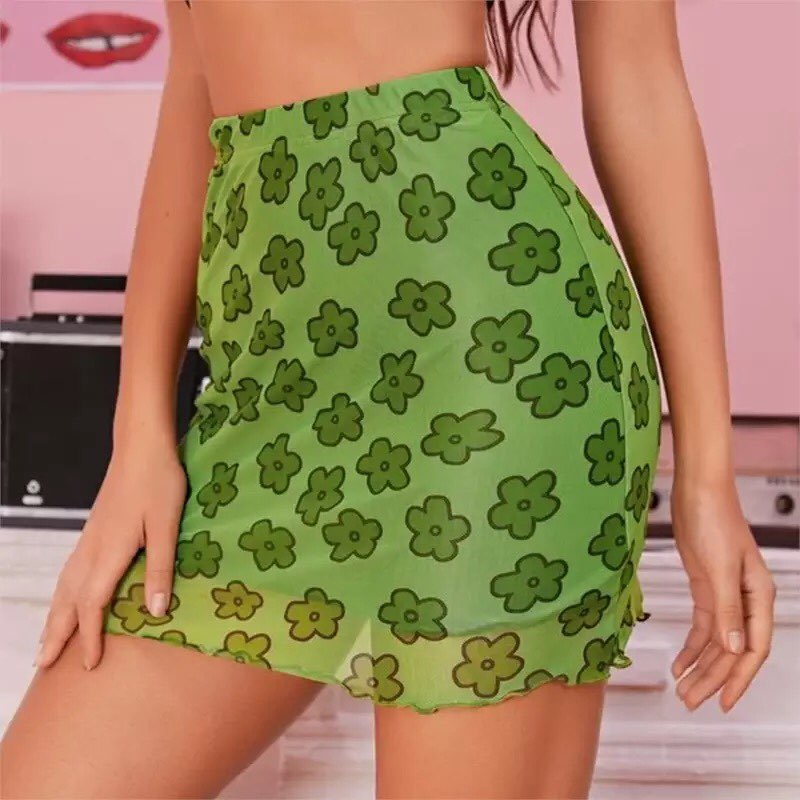 Cute Sexy 90s Boho Retro Vintage Green Flower Mesh Trim A-line Mini Skirt Bottoms Aesthetic E-Girl Kawaii Korean Japanese Harajuku Streetwear