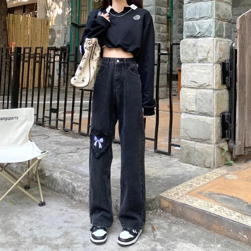 Black Denim Love Bow Embroidery High Waist Jeans