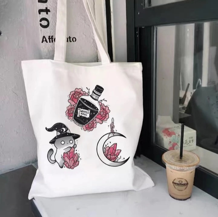 Cute Cat Witch Magic Print Reusable Shopping Tote Bag Canvas Tote Shoulder Bag Aesthetic Casual E-Girl Kawaii Korean Japanese Harajuku