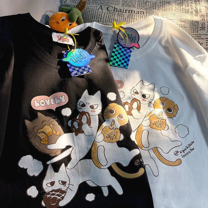 Cat Cartoon Print Short Sleeve T-shirt