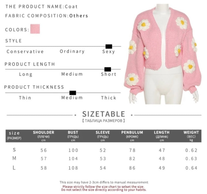 Cute Pink Daisy Flower Knit Crochet Loose Cardigan Long Sleeve V Neck Sweater Aesthetic E-Girl Kawaii Korean Japanese Harajuku