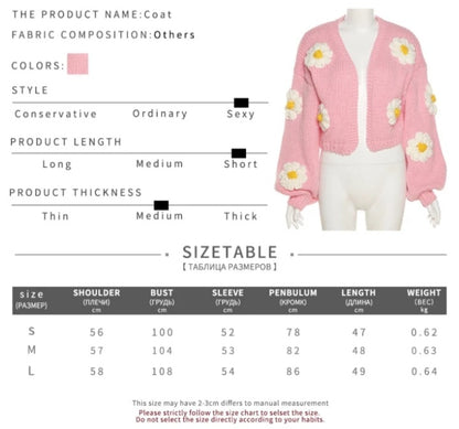 Cute Pink Daisy Flower Knit Crochet Loose Cardigan Long Sleeve V Neck Sweater Aesthetic E-Girl Kawaii Korean Japanese Harajuku