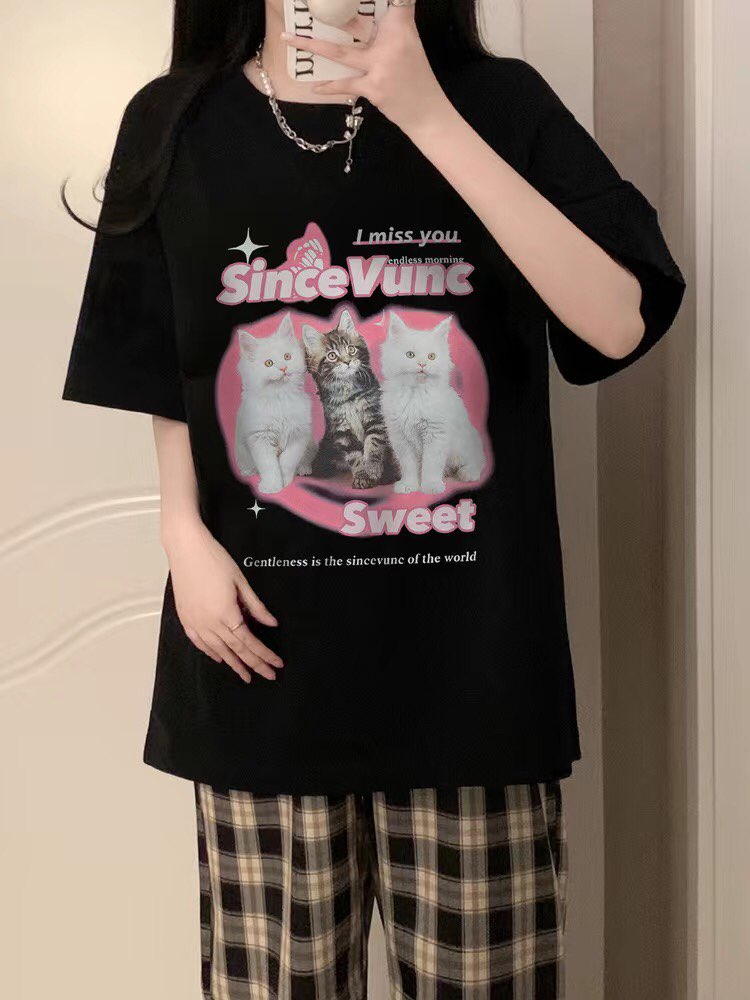 Retro Cat Print Short Sleeve T-shirt