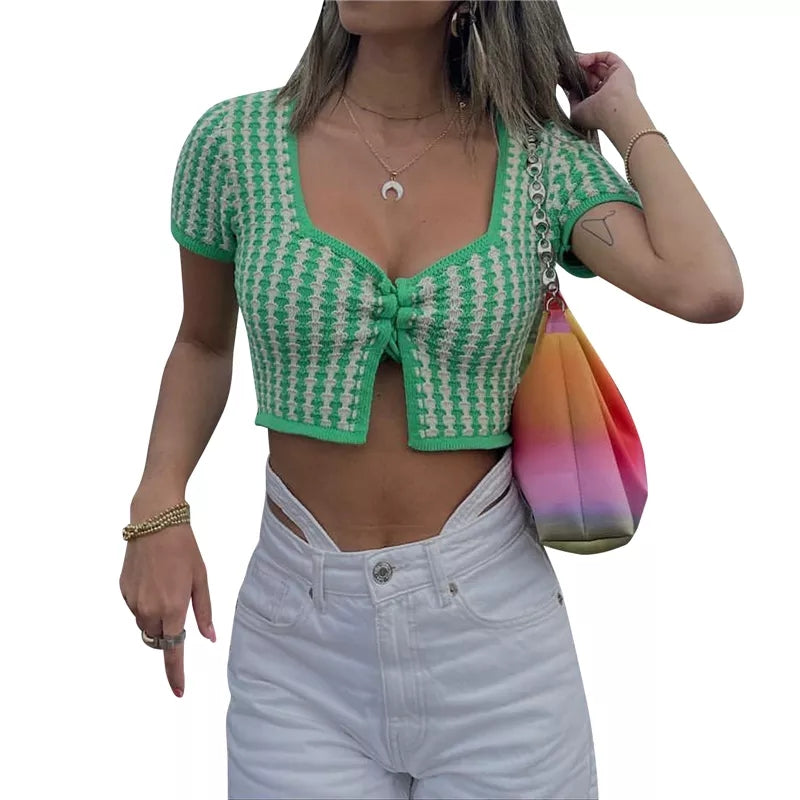 Green Plaid Square Collar Bandage Knit Short Sleeve T-shirt