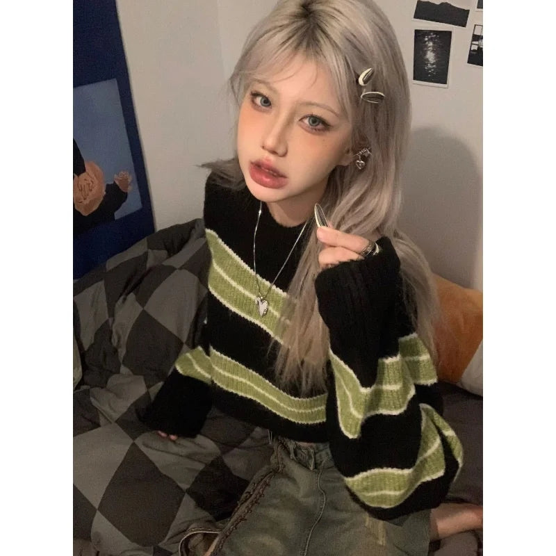 Green & Black Cropped Sweater